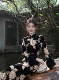 Champagne Slim-fitting Velvet Dress for Women Qipao Winter Cheongsam Temperament Light Luxury Hip-wrapped Skirt