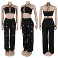 Women Set Sleeveless Strapless Tops +Wide Leg Pants Two 2 Piece Set Hole Hollow Out Outfit Summer Sexy Street Tracksuit