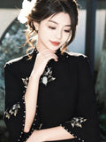 Retro Inkstone Lotus Black Dress Cheongsam Women's Autumn New Style Inverted Large Sleeves Waist cinching Slimming Split Dress