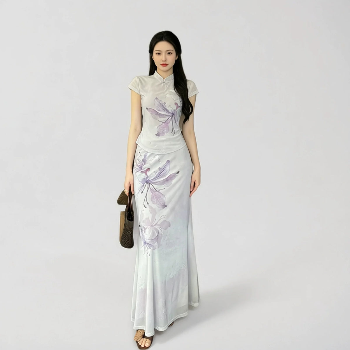 Pan Button Short Sleeved Cheongsam Top Printed Skirt Women's Set Summer Temperament Waist Cinching