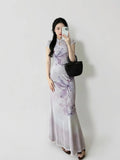 Pan Button Short Sleeved Cheongsam Top Printed Skirt Women's Set Summer Temperament Waist Cinching