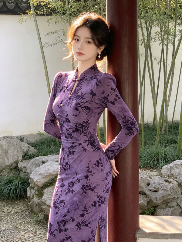 Purple Jacquard Dress Improved Cheongsam Autumn Spring High-end Elegant Temperament Socialite Long Sleeved Waist Cinched Slit Slim Fit Dress