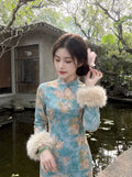 2026 Autumn and Winter Dress Velvet Thickened Long-sleeved Cheongsam Qipao White Jacquard Gentle and Elegant Long Dress