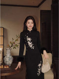Embroidery Dress Qipao Slim-fit Black Long Sleeve Fleece Cheongsam Dress Women's Clothes