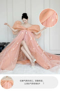 Super Fairy Morning Robe Women's Dress Pink Bow Bridal Engagement Dress Toasting  One-word Shoulder Birthday Party Dress