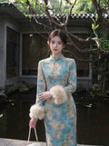 2026 Autumn and Winter Dress Velvet Thickened Long-sleeved Cheongsam Qipao White Jacquard Gentle and Elegant Long Dress