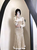 Winter Dress Fleece 2026 New Gentle Lady Beige Cheongsam Qipao Fish Tail Gentle and Generous