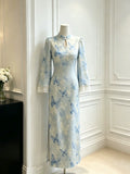 Blue Butterfly Dress Dyed Lace Cheongsam Autumn New Style Gentle Temperament Waist Cinching Long Sleeved Dress