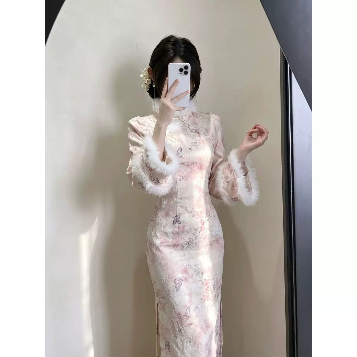 Gentle Style Dress Cheongsam Super Closes with Fleece and Thicker Dresses for Women Qipao Clothes