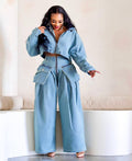 Denim Women's Set Ruched Long Sleeve Jacket and Pocket Front Loose Jeans Pants Two 2 Piece Sets Outfits Tracksuit