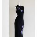 Oriental Aesthetics Dress Qipao National Style Purple Embroidery Retro Black Slim Hong Kong Workers Cheongsam