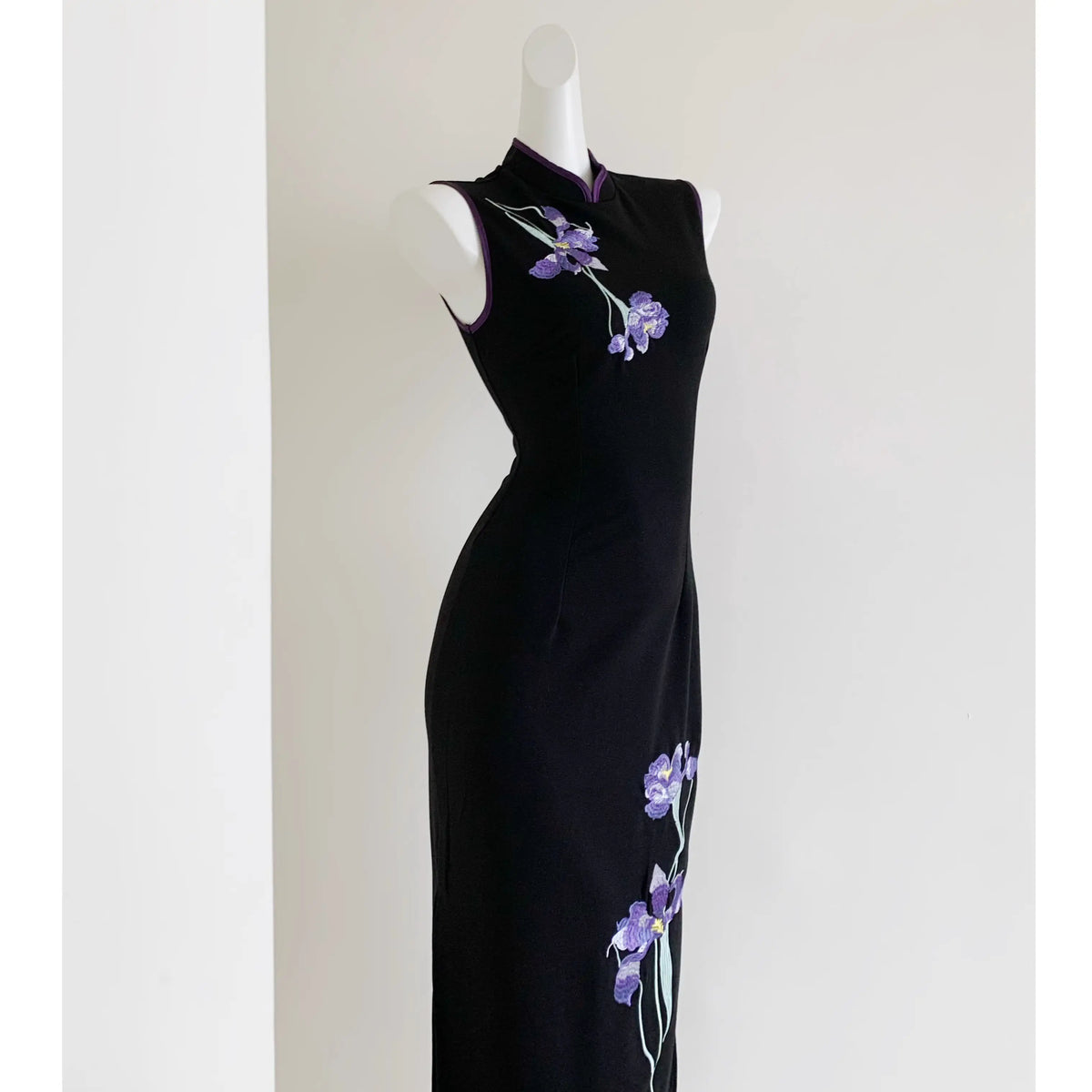Oriental Aesthetics Dress Qipao National Style Purple Embroidery Retro Black Slim Hong Kong Workers Cheongsam