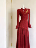 Red Dress Engagement Cheongsam Qipao Improved High-end Horn Sleeve Embroidered Waist National Style Dress