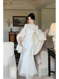 Cheongsam Rough Edge Long-sleeved Dress Beautiful Long Women's Qipao Dress