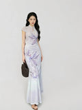 Pan Button Short Sleeved Cheongsam Top Printed Skirt Women's Set Summer Temperament Waist Cinching