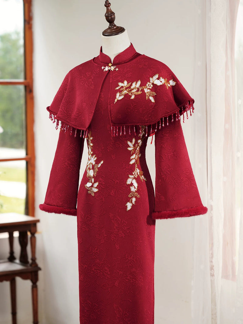 Red Cheongsam Winter Dress Ladies' Engagement Particularly Beautifulwaist Pinching High-end Elegant Noble for Marriage