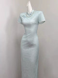 Light Blue Dress Cloud Shoulder Qipao Exquisite Engagement Dress 2026 New Improved Young Girl Dress Summer