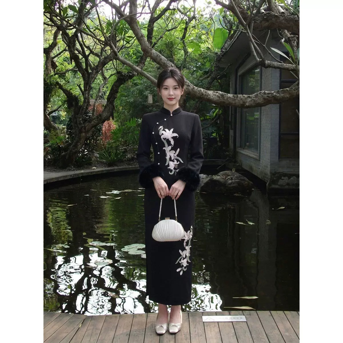 Embroidery Dress Qipao Slim-fit Black Long Sleeve Fleece Cheongsam Dress Women's Clothes