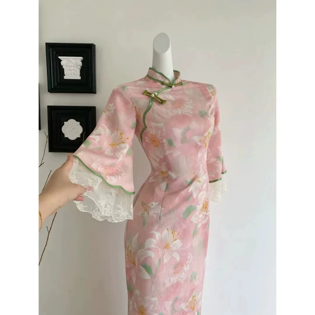 Embroidered Knitted Dress Internet Celebrity New Chinese Retro Style Cheongsam Daily Medium Length Diagonal Placket