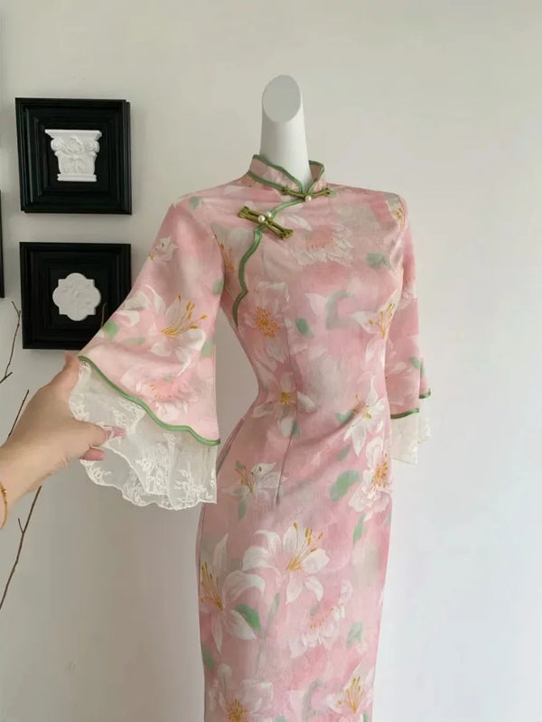 Embroidered Knitted Dress Internet Celebrity New Chinese Retro Style Cheongsam Daily Medium Length Diagonal Placket