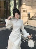 Cheongsam Rough Edge Long-sleeved Dress Beautiful Long Women's Qipao Dress