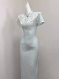 Light Blue Dress Cloud Shoulder Qipao Exquisite Engagement Dress 2026 New Improved Young Girl Dress Summer