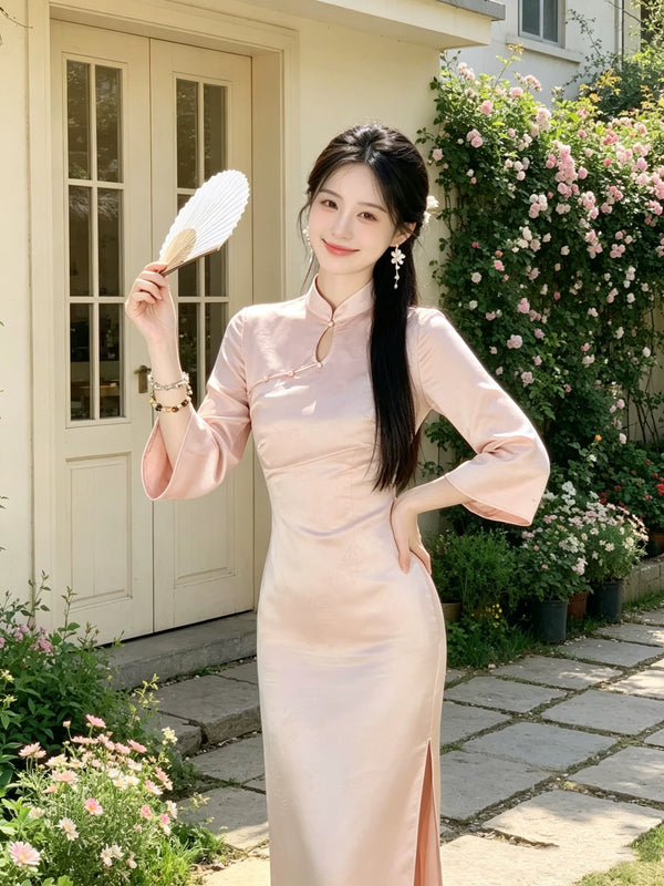 Stand Collar Pink Dress Satin Improved Cheongsam Autumn New Style Gentle Temperament Waist Slimming Dress