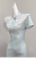 Light Blue Dress Cloud Shoulder Qipao Exquisite Engagement Dress 2026 New Improved Young Girl Dress Summer