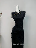 Black Velvet Dress Cheongsam Young Style High-end Atmospheric Slim Fit with Elasticity