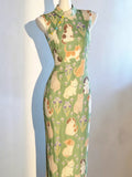 Cute Printed Cat Flower Dress Cheongsam Appears White and Youthful Playful and Sleeveless Slim Fit Dress Women's Clothing