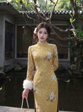 Dress Qipao 2026 New Velvet Cheongsam Skirt Autumn and Winter Yellow Inverted Large-sleeved Cheongsam