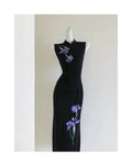 Oriental Aesthetics Dress Qipao National Style Purple Embroidery Retro Black Slim Hong Kong Workers Cheongsam