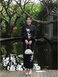 Embroidery Dress Qipao Slim-fit Black Long Sleeve Fleece Cheongsam Dress Women's Clothes