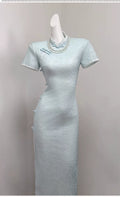 Light Blue Dress Cloud Shoulder Qipao Exquisite Engagement Dress 2026 New Improved Young Girl Dress Summer