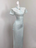 Light Blue Dress Cloud Shoulder Qipao Exquisite Engagement Dress 2026 New Improved Young Girl Dress Summer