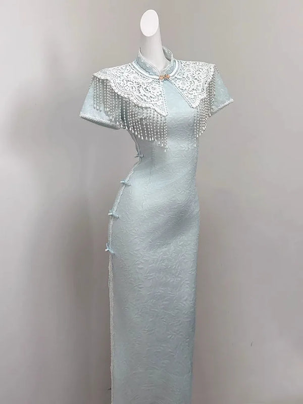 Light Blue Dress Cloud Shoulder Qipao Exquisite Engagement Dress 2026 New Improved Young Girl Dress Summer