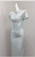 Light Blue Dress Cloud Shoulder Qipao Exquisite Engagement Dress 2026 New Improved Young Girl Dress Summer
