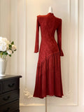 Red Dress Embroidered High-end Engagement Cheongsam Improved Version Fake Two-piece Waist Cinching Temperament Chinese Style Dress Autumn