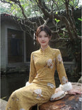 Dress Qipao 2026 New Velvet Cheongsam Skirt Autumn and Winter Yellow Inverted Large-sleeved Cheongsam