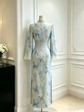 Blue Butterfly Dress Dyed Lace Cheongsam Autumn New Style Gentle Temperament Waist Cinching Long Sleeved Dress