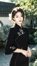 Retro Inkstone Lotus Black Dress Cheongsam Women's Autumn New Style Inverted Large Sleeves Waist cinching Slimming Split Dress