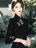 Retro Inkstone Lotus Black Dress Cheongsam Women's Autumn New Style Inverted Large Sleeves Waist cinching Slimming Split Dress