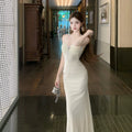 French Dress Temperament Socialite Muse Diamond Jewelry Cover Meat Skinny Suspender Dress Neck Design Lace Dress