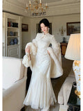 Cheongsam Rough Edge Long-sleeved Dress Beautiful Long Women's Qipao Dress