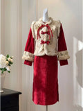 2026 Autumn and Winter Red Dress Suit Festive and Cute Style Vest Jacket Improved Cheongsam Velvet Two-piece Set for Women