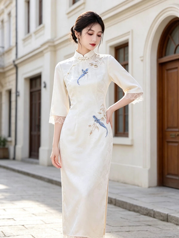 White Dress Cheongsam Women's Chinese Style Lace Embroidery High-end Elegant Temperament Certified Engagement Daily Dress