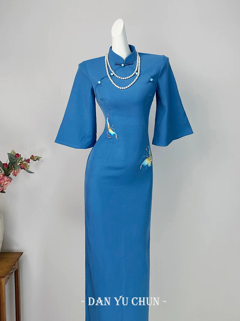 Elegant Blue Dress Cheongsam Autumn High-end Temperament Improved Embroidery Dress Women's Clothing
