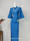 Elegant Blue Dress Cheongsam Autumn High-end Temperament Improved Embroidery Dress Women's Clothing