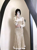 Winter Dress Fleece 2026 New Gentle Lady Beige Cheongsam Qipao Fish Tail Gentle and Generous