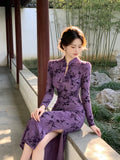 Purple Jacquard Dress Improved Cheongsam Autumn Spring High-end Elegant Temperament Socialite Long Sleeved Waist Cinched Slit Slim Fit Dress
